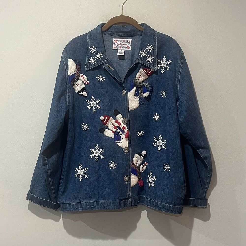 Vintage Tantrums Denim Jacket Womens Medium Embroidered Christmas Snowman Granny